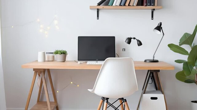 Clean, bright home office workspace featuring a wooden desk, computer, and modern chair. Ideal for remote work, study, and productivity.