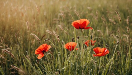 Obraz premium Vibrant red poppies surrounded by lush grass, seasonal beauty