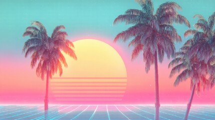 Naklejka premium A stunning sunset casts vibrant hues of pink and orange across the sky and water. Palm trees frame the scene, creating a serene tropical atmosphere at dusk.