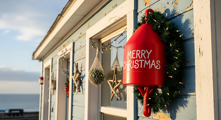 Holiday decorations on a seaside cottage with festive wreath and red merry christmas ornament
