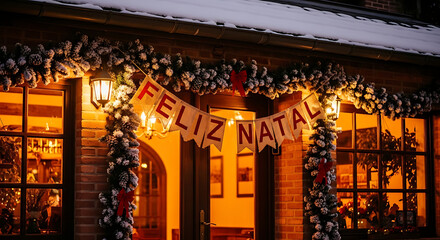 Snowy christmas wreath and feliz natal banner on cozy illuminated brick house entrance facade