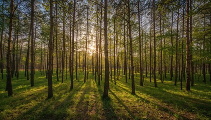 Obraz premium Spring scenery featuring a pine woodland and lush greenery