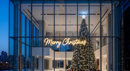 Modern glass building with large Christmas tree and illuminated merry Christmas greeting sign