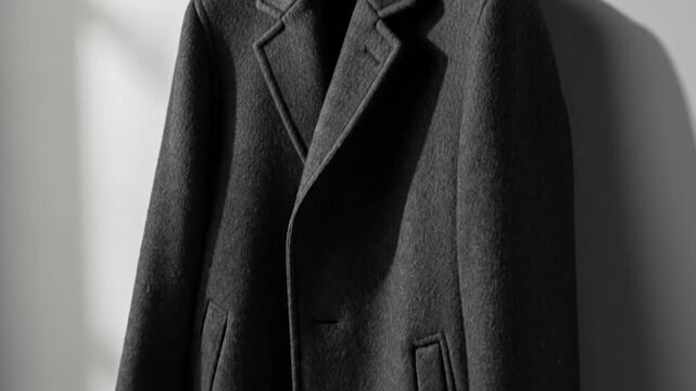 Dark jacket hanging on modern brass hook with sunlight and shadows on white wall