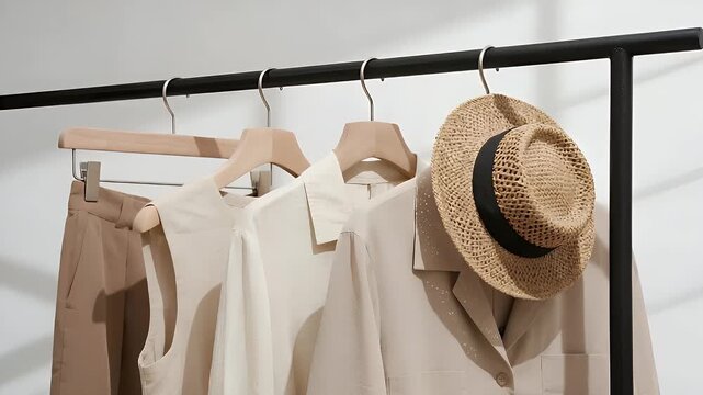Stylish minimalist wardrobe with neutral-toned clothes and a straw hat on a black rack, showcasing organized fashion and timeless apparel.