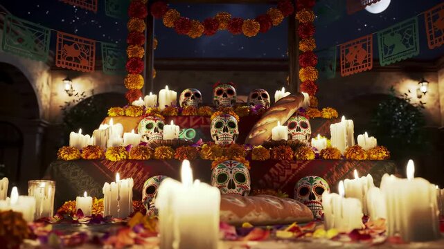 D?a de Los Muertos Nighttime Ofrenda: A vibrant Mexican tradition lit by numerous candles, adorned with sugar skulls, marigolds, and festive papel picado, symbolizing spiritual celebration.