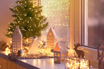 Christmas greeting card design with festively decorated window sill