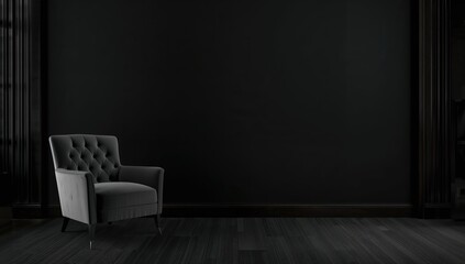 Modern luxury dark living room interior featuring a grey armchair, ideal for relaxation and evening ambiance