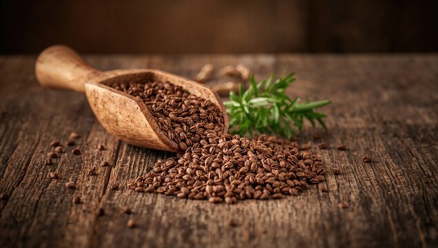 Freshly harvested cumin seeds in a wooden scoop, ideal for culinary uses