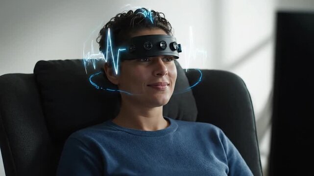 Person wearing an EEG headset for a neurofeedback brain training session