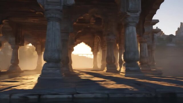 Ancient stone colonnade bathed in golden sunset light, reflecting on water