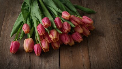 Bouquet of tulips arranged on a wooden surface, vibrant display for spring decoration