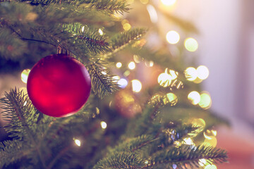 Christmas ball hanging on fir tree, closeup. Bokeh lights. Greeting card design