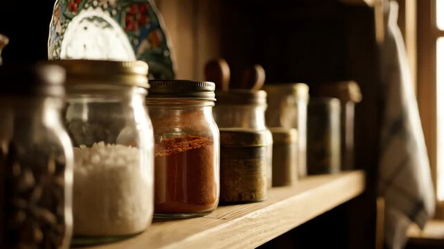 Rustic Kitchen Shelf with Assorted Spice Jars and Natural Light.