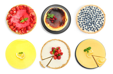 Delicious cheesecakes isolated on white, set. Top view