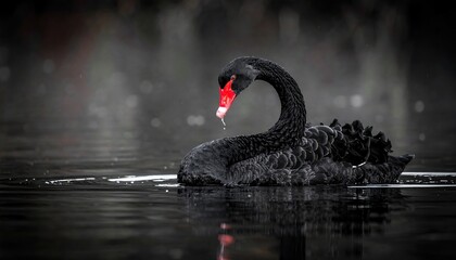 A solitary black swan gracefully gliding across serene water, with red beak & curved neck
