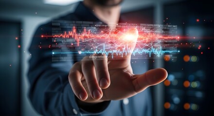 Man touching digital interface with glowing data stream, representing technology and innovation