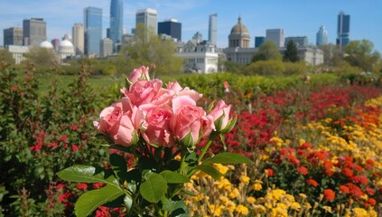 Delicate pink rosebuds blossoming amidst lush greenery in a vibrant garden setting