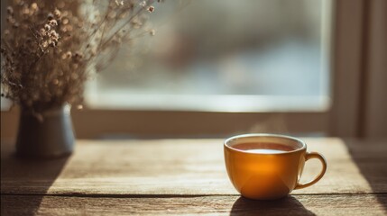 cup of tea on wooden table, soft morning light, cozy and peaceful atmosphere, minimalistic style