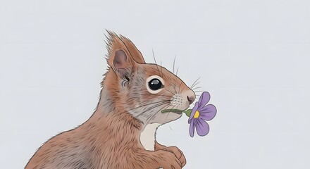Squirrel holding a purple flower in its mouth, set against a soft, neutral background