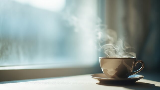 cup of coffee with steam rising, on minimal table near window, soft morning light, calm cozy mood, aroma and warmth, elegant composition