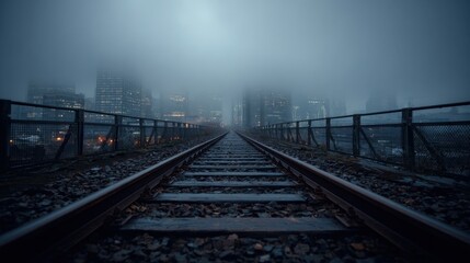 Fototapeta premium Rusty train tracks stretch into a foggy cityscape evoking a sense of mystery and isolation.