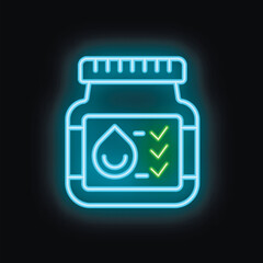 Glowing neon icon of a water bottle featuring a purity checkmark, emphasizing quality and safety
