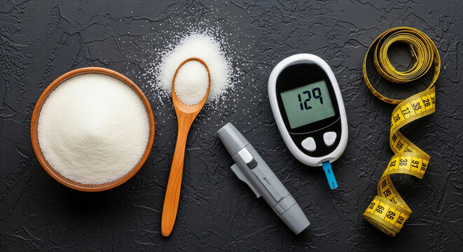 Bowl of sugar with a spoon next to a glucometer displaying 129 and a measuring tape on black background. Banner template of diabetes management concept for health and wellness.