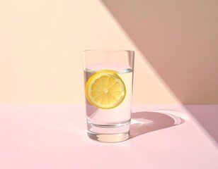 Clear glass of lemon water with a yellow slice, featuring harsh sunlight and shadows on a pink and beige background.