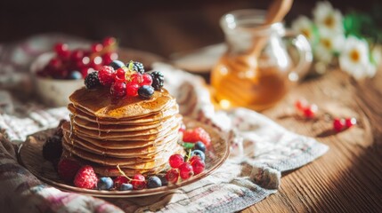 delicious homemade breakfast on wooden table, pancakes with berries and honey, warm sunlight, cozy morning atmosphere, natural colors, food