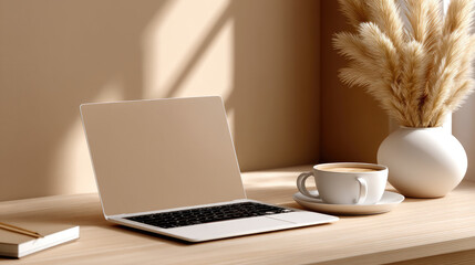Minimal home workspace with laptop on beige wooden desk, soft daylight, ceramic cup, pampas grass, clean lifestyle branding header, neutral tones