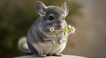 A cute chinchilla holding delicate flowers in its mouth, surrounded by a soft, blurred natural background