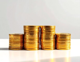 stack of shiny gold coins on white background, symbol of wealth, savings, and financial growth