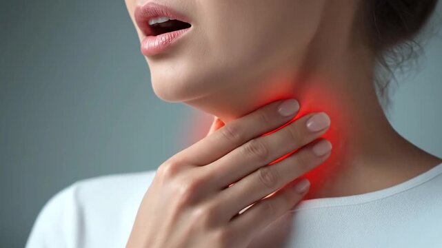 Young woman with neck pain, close-up of her hand touching the area near her chin and throat in red color