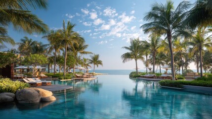 Fototapeta premium Tropical resort features a stunning infinity pool surrounded by lush greenery and palm trees.