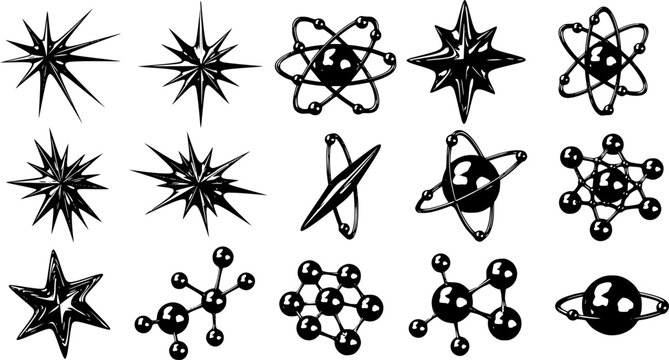 Liquid chrome y2k icons. Abstract shiny metallic shapes star rays, atomic orbit and molecular structures 3D elements vector set