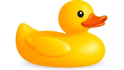 A vibrant, glossy, yellow rubber duck with an orange beak and a black eye on white background