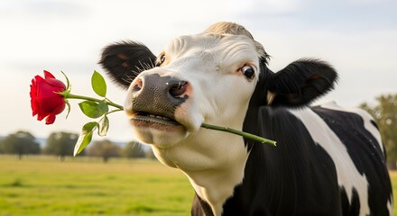Playful cow holding a rose in its mouth, standing in a lush green field during sunset