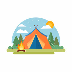 Vibrant vector illustration of a summer campsite with a tent and campfire, embodying the spirit of outdoor adventure and nature exploration