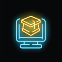 Bright neon icon of graduation hat appearing on a computer screen representing online education