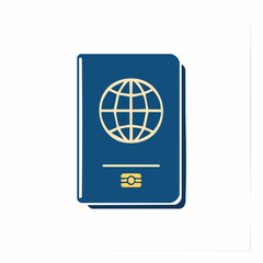 Vibrant blue international travel passport icon with a world globe and chip detail, symbolizing global journey, identification, and secure documentation for exploration and adventure