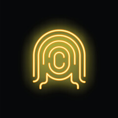 Yellow neon sign of a fingerprint glowing on a black background