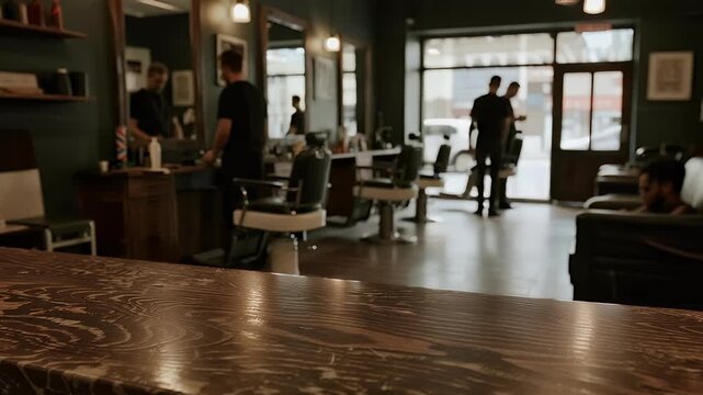 Blurred barbershop interior with busy staff and customers, viewed from a rustic wooden counter. Captures daily life and a classic grooming experience.