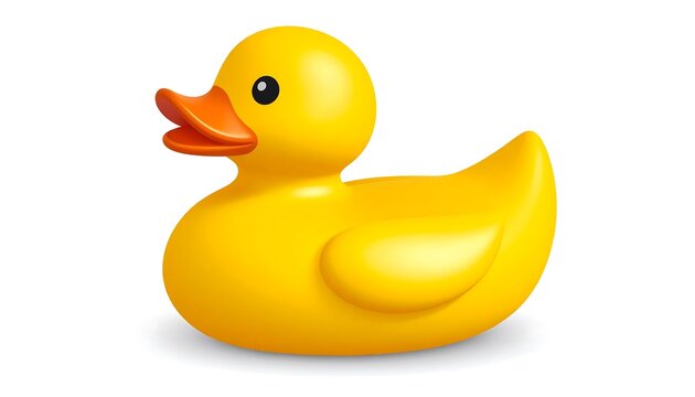 A vibrant, glossy, yellow rubber duck with an orange beak, isolated on a white backdrop - Powered by Adobe