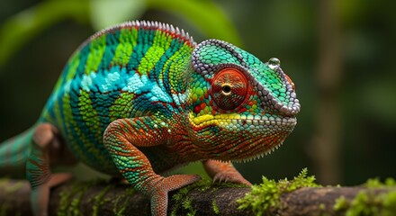 Obraz premium Macro photograph of a vibrant Panther Chameleon, its skin a mosaic of electric blue and fiery orange, slowly crawling along a tropical rainforest branch. A single dewdrop clings, national reptile day