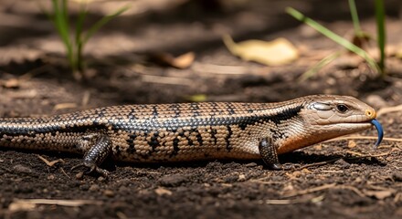 Naklejka premium A Blue-Tongued Skink caught mid-movement, its thick, striped body sliding over dark, rich soil. In a striking moment, it flicks out its brilliant, cobalt-blue tongue. Action shot, national reptile day