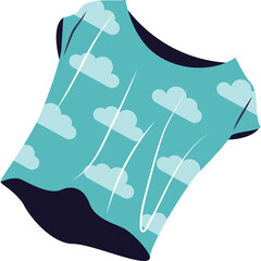 Teal t shirt with white clouds pattern and navy blue collar shown from an angle with white stripes...
