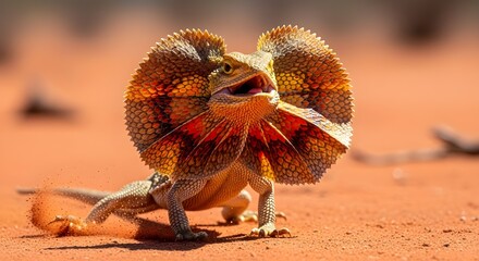 Dynamic wildlife photo of a Frill-Necked lizard in full defensive display, its large, colorful frill fully extended around its head. Caught mid-stride on the red dirt of the Australia. reptile day