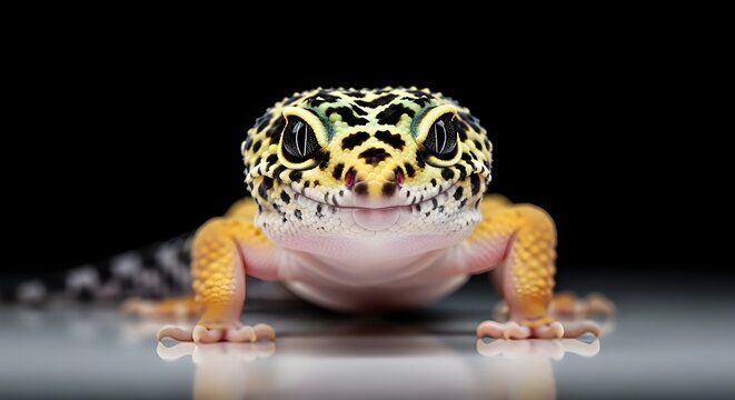 Studio portrait of a cute Leopard Gecko, with its signature spotted pattern in yellow and black, looking directly at the camera with large, inquisitive black eyes. Clean black, national reptile day