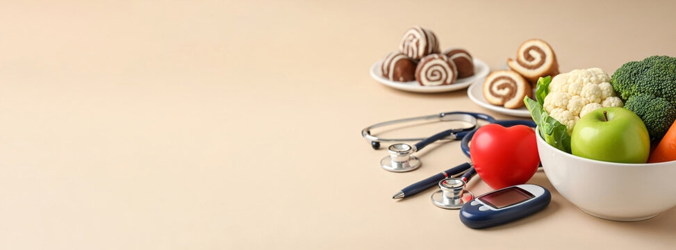 Glucose meter with healthy and unhealthy food options on mocha mousse background. Banner template of diabetes concept for managing blood sugar and diet planning with copyspace. Healthcare and medical.